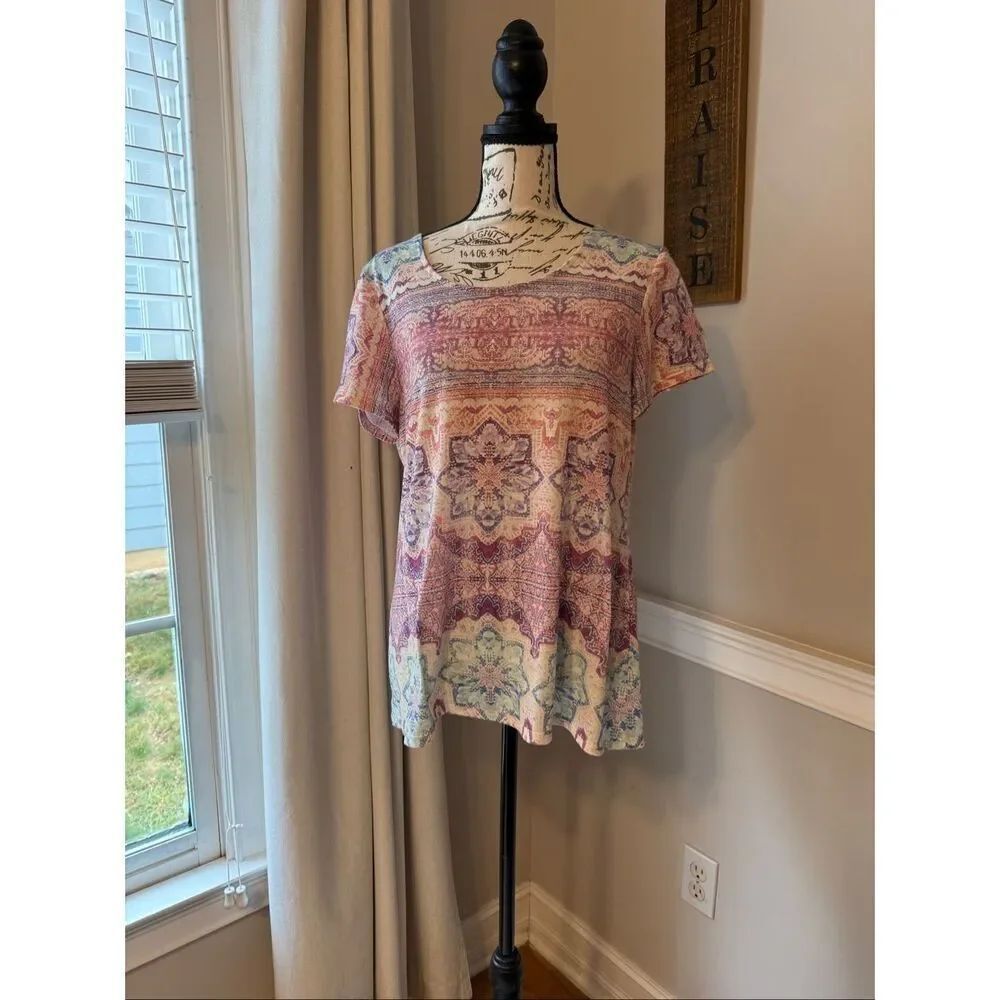 Chico's Women's Floral Aztec Short Sleeve Tee Multicolor Size 0/XS